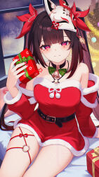 1girl alternate_costume bell belt black_belt black_choker blush breasts brown_hair butterfly-shaped_pupils choker christmas closed_mouth condensation criss-cross_halter detached_sleeves dress ewaaawa flower_tattoo fox_mask fur-trimmed_dress fur_trim gift glass_writing halterneck highres holding holding_gift honkai:_star_rail honkai_(series) indoors looking_at_viewer mark_under_both_eyes mask mask_on_head medium_breasts neck_bell on_bed red_dress red_eyes red_sleeves santa_costume santa_dress sitting smile solo sparkle_(honkai:_star_rail) strapless strapless_dress symbol-shaped_pupils tattoo twintails window_fog