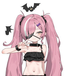 1girl absurdres armpits azur_lane bare_shoulders bikini black_bikini closed_mouth eyepatch flat_chest frilled_bikini frills hand_up highres light_blush long_hair looking_at_viewer multicolored_hair navel petite pink_hair romana simple_background smile solo stomach streaked_hair swimsuit twintails upper_body very_long_hair w white_background white_hair yellow_eyes z47_(azur_lane)