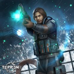1boy beard belt brown_hair bulletproof_vest capcom facial_hair glowing glowing_eyes green_eyes gun handgun highres kuroiwa_enu lifebuoy microphone mullet night ocean official_art parker_luciani pistol rain resident_evil resident_evil:_revelations scuba_gear ship splashing spotlight swim_ring teppen utility_belt watch watercraft waves weapon wristwatch