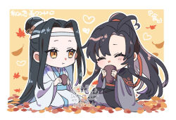 2boys ^_^ ahoge autumn autumn_leaves black_hair black_hanfu chibi chibi_only chinese_clothes closed_eyes closed_mouth dated eating falling_leaves food ginkgo_leaf hair_bun hair_ribbon hanfu headband heart heart_ahoge holding holding_food implied_yaoi kimako_(kimako_8) lan_wangji leaf leaf_pile long_hair long_sleeves looking_at_another male_focus maple_leaf modao_zushi multiple_boys ponytail red_ribbon ribbon robe sash seiza sidelocks sitting smile sweet_potato topknot twitter_username very_long_hair watermark wei_wuxian white_hanfu white_headband wide_sleeves xiao_guan_(headdress) yellow_eyes