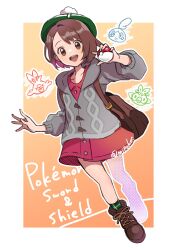 1girl :d brown_bag brown_eyes brown_hair brown_shoes cardigan dress full_body gen_8_pokemon gloria_(pokemon) green_hat grey_cardigan grookey hat highres holding holding_poke_ball long_sleeves looking_at_viewer mipokec nintendo open_mouth pink_dress poke_ball poke_ball_(basic) pokemon pokemon_swsh scorbunny shoes short_hair smile sobble teeth twitter_username upper_teeth_only