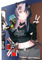 Rule 34 | 1girl, :3, alexaniel, animal ears, artist name, band shirt, black arm warmers, black choker, black hair, black shirt, black thighhighs, cat ears, cat girl, cat tail, choker, closed mouth, commentary, crop top, double v, english commentary, grey hair, grey shorts, hololive, hololive english, indoors, long hair, looking at viewer, merchandise, multicolored hair, navel, pierce the veil (band), poster (object), sex pistols, shiori novella, shirt, shorts, solo, split-color hair, striped arm warmers, tail, thighhighs, two-tone hair, v, virtual youtuber, yellow eyes
