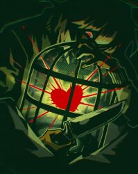 1other birdcage black_background black_hair blood cage commentary deltarune english_commentary glowing glowing_eyes halftone heart highres holding holding_knife knife kris_(deltarune) looking_at_viewer meggyeggos other_focus prison_cell red_eyes short_hair solo soul_(deltarune) teeth upper_body weapon