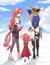 1boy 2girls absurdres aria_(harvestella) black_footwear black_pantyhose black_shirt black_shorts blonde_hair blue_shirt blue_sky child closed_mouth cloud couple cropped_jacket dress ein_(harvestella) ein_(male)_(harvestella) father_and_daughter guramenu_hmhm harvestella highres if_they_mated jacket long_hair looking_at_another mother_and_daughter multiple_girls outdoors pantyhose red_dress red_eyes red_hair shirt shoes shorts side_ponytail sky smile white_footwear white_jacket white_shirt