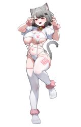 1girl animal_ears bell bikini bracelet breasts cat_ears cat_girl cat_tail choker cleavage crop_top full_body fur_bracelet grey_hair hands_up highres jewelry jingle_bell large_breasts looking_at_viewer multicolored_hair navel neneko_mashiro no_pants no_shoes open_mouth red_choker red_eyes sangobob shirt short_hair short_sleeves side-tie_bikini_bottom simple_background smile solo stellive stomach streaked_hair string_bikini swimsuit tail thighhighs underboob virtual_youtuber white_background white_bikini white_shirt white_thighhighs