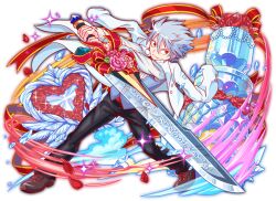 Rule 34 | 1boy, anime coloring, artist request, attack trail, black pants, blue outline, bow, brown shoes, buttons, coat, crash fever, dress shoes, flower, game cg, grey hair, grey vest, grin, heart, holding, holding sword, holding weapon, ice, lapels, leaf, looking to the side, male focus, necktie, number print, numbered, official art, open clothes, open coat, outline, pants, peaked lapels, pink flower, print sleeves, red bow, red flower, red necktie, red petals, red rose, rose, shirt, shoes, short hair, siegfried (crash fever), smile, solo, sparkle, square print, standing, swinging weapon, sword, teeth, third-party source, valentine, vest, weapon, white coat, white shirt, white sleeves, yellow eyes