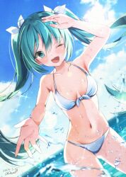Rule 34 | 1girl, 2024, ;d, alternate costume, bare arms, bare shoulders, bikini, blue sky, blurry, blush, bow, bow bikini, breasts, breasts apart, chisamikan, collarbone, commentary request, cowboy shot, dated, depth of field, dutch angle, floating hair, front-tie bikini top, front-tie top, glint, gluteal fold, green eyes, green hair, hair bow, hand up, happy, hatsune miku, highres, long hair, looking at viewer, medium breasts, navel, ocean, one eye closed, open mouth, outstretched hand, sidelighting, signature, sky, smile, solo, splashing, stomach, sunlight, swimsuit, teeth, twintails, upper teeth only, very long hair, vocaloid, water, water drop, white bikini, white bow