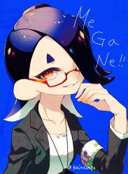 1girl artist_name bespectacled blue_background blue_hair commentary dated_commentary eyelashes glasses hair_over_one_eye highres kainesato long_hair looking_at_viewer nintendo octoling official_alternate_costume red-framed_eyewear romaji_text shirt shiver_(splatoon) simple_background smile solo splatoon_(series) splatoon_3 tentacle_hair twitter_username white_shirt
