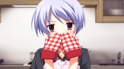 1girl 3d_background apron bird black_shirt blue_hair blush chaos;head chaos;head_love_chu_chu! checkered_mittens chicken collarbone covering_own_mouth frilled_apron frills game_cg kishimoto_ayase kitchen looking_at_viewer matsuo_yukihiro mittens non-web_source official_art pink_apron purple_eyes red_mittens shiny_eyes shiny_skin shirt short_hair short_sleeves skirt solo standing swept_bangs