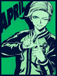 1boy ;d april artist_request blue_border border commentary company_name drop_shadow english_commentary finger_counting green_background green_eyes green_theme grin highres index_finger_raised jacket long_sleeves looking_at_viewer male_focus monochrome multicolored_jacket official_art one_eye_closed open_mouth parted_hair second-party_source short_hair smile solo sukajan swept_bangs takinogawa_jio tribe_nine two-tone_jacket upper_body zipper