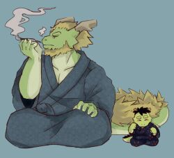 2boys beard blue_background blush closed_eyes closed_mouth commentary dragon_boy dragon_horns dragon_tail english_commentary facial_hair father_and_child father_and_son furry furry_male holding holding_smoking_pipe horns japanese_clothes kimono male_focus mamaito morenatsu multiple_boys smoke smoking_pipe tail tappei_midoriya tatsuki_midoriya