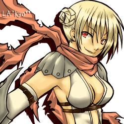 Rule 34 | 1girl, armor, assassin cross (ragnarok online), blonde hair, braid, braided bun, breasts, cleavage, commentary request, elbow gloves, gloves, grey gloves, grey leotard, hair bun, la&#039;kyo, leotard, lowres, medium breasts, open mouth, pauldrons, ragnarok online, red eyes, red scarf, revealing clothes, scarf, short hair, shoulder armor, simple background, solo, torn clothes, torn scarf, white background