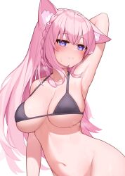 1girl animal_ear_fluff animal_ears arm_behind_head armpits bikini bikini_top_only black_bikini blush bottomless braid breasts cleavage closed_mouth commentary coyote_girl deaver groin hair_tie hakui_koyori highres hololive large_breasts long_bangs long_hair looking_at_viewer navel pink_hair purple_eyes raised_eyebrows simple_background single_braid skindentation solo steaming_body stomach sweat swimsuit underboob virtual_youtuber white_background