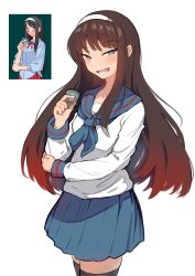 1girl absurdres black_hair black_thighhighs blue_eyes cup hairband highres holding holding_cup long_hair long_sleeves open_mouth red_hair reference_inset school_uniform shirt skirt smile solo thighhighs tohno_akiha tsukihime vinsycal white_hairband