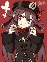 1girl animal_print arms_up black_bow bow brown_hair butterfly_print closed_mouth female_focus flower genshin_impact hat hu_tao_(genshin_impact) jua long_hair looking_at_another red_background red_eyes simple_background smile solo tongue tongue_out