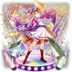 1girl black_hat boots bracelet brown_boots closed_mouth coat dress drill_hair earrings eyewear_on_head full_body game_cg hand_fan hat highres holding holding_fan jewelry long_hair looking_at_viewer money necklace official_art open_clothes orange_eyes orange_hair purple_coat ring rotte_(1109) round_eyewear smile solo sunglasses third-party_source top_hat touhou touhou_lostword twin_drills white_dress wide_sleeves yellow_eyes yorigami_jo&#039;on