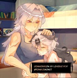 Rule 34 | 2girls, animal ears, bed, bedroom, black hair, book, bookshelf, breasts, commission, coralie 6626 planck, dog ears, dog girl, erdos helia, grey eyes, grey hair, grey sports bra, headpat, highres, honkai (series), honkai impact 3rd, hug, indoors, limieui, long hair, medium breasts, mole, mole under eye, multicolored hair, multiple girls, smile, sports bra, two-tone hair, yuri