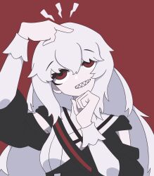 1girl arknights black_shirt breasts gribberoni hair_between_eyes highres long_hair medium_breasts multicolored_shirt portrait red_background red_eyes red_theme sharp_teeth shirt simple_background solo specter_(arknights) specter_the_unchained_(arknights) teeth white_hair white_shirt