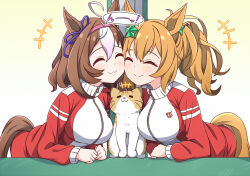 Rule 34 | 2girls, ^ ^, ahoge, animal, animal ears, blush, breasts, brown hair, cat, cheek-to-cheek, closed eyes, closed mouth, commentary request, gradient background, heads together, hiro (pqtks113), horse ears, horse tail, long hair, long sleeves, medium breasts, meisho doto (umamusume), meto (cat), multiple girls, taiki shuttle (umamusume), tail, tracen training uniform, umamusume, white hair, yellow background