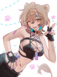 Rule 34 | 1girl, animal ears, armpits, bare shoulders, black choker, black gloves, black shirt, breasts, brown hair, choker, cleavage, colored inner hair, crop top, fingerless gloves, gloves, hand up, hazumi aileen, highleg, highres, indie virtual youtuber, k hku, large breasts, lion ears, lion tail, looking at viewer, medium hair, midriff, mole, mole on breast, multicolored hair, nail polish, navel, one eye closed, open mouth, orange eyes, panty straps, shirt, simple background, sleeveless, sleeveless shirt, smile, solo, stomach, tail, two-tone hair, upper body, virtual youtuber, white background
