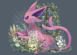 Rule 34 | animal focus, bottle, commentary, espeon, flower, forehead jewel, full body, gen 2 pokemon, grey background, highres, nintendo, no humans, open mouth, pawpads, pokemon, pokemon (creature), purple eyes, sitting, solo, symbol-only commentary, volpecorvo, wheat, white flower, window