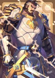 Rule 34 | 1boy, afk (series), afk journey, armor, artist name, bara, beard, black hair, closed mouth, commentary, diffraction spikes, english commentary, facial hair, grey hair, highres, hogan (afk), holding, holding sword, holding weapon, looking to the side, male focus, multicolored hair, rovrov, signature, streaked hair, sword, weapon