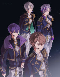 4boys absurdres black_background blue_eyes brown_eyes brown_hair closed_mouth earrings fuwa_minato green_eyes grey_hair headset highres jewelry kagami_hayato kaida_haru kenmochi_touya long_sleeves male_focus multicolored_hair multiple_boys nijisanji nijisanji_idol_uniform purple_eyes purple_hair rof-mao sumi_(n29250) virtual_youtuber