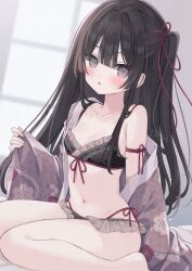 Rule 34 | 1girl, barefoot, black bra, black hair, black panties, blunt bangs, blush, bra, breasts, brown kimono, cleavage, collarbone, commentary request, frilled bra, frilled panties, frills, grey eyes, hair ribbon, highres, hoshi (snacherubi), japanese clothes, kimono, long hair, looking at viewer, navel, one side up, open mouth, original, panties, red ribbon, ribbon, sitting, solo, stomach, underwear