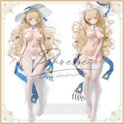 1girl armpits blonde_hair breasts character_name dakimakura_(medium) elbow_gloves gloves haku89 hat highres large_breasts long_hair lying on_back on_bed pantyhose phoebe_(wuthering_waves) purple_eyes solo tacet_mark_(wuthering_waves) white_pantyhose wuthering_waves
