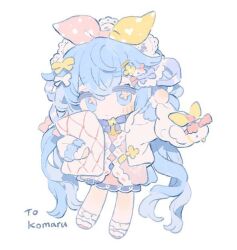 Rule 34 | 1girl, blue eyes, blue hair, blush, bow, bowtie, chibi, chibi only, dress, english text, hair bow, hair ornament, hairclip, jacket, long hair, memuro, open clothes, open jacket, original, polka dot, polka dot bow, sample watermark, standing, watermark