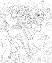 4girls 5girls alternate_costume animal_ears asatsuki_(cookie) asymmetrical_hair bird bird_wings boots bush chicken cirno cirno_(cookie) commentary_request cookie_(touhou) dress earrings falling fang flying forest fox_ears fox_girl fox_tail full_body grass greyscale helmet highres holding holding_polearm holding_spear holding_weapon ice ice_wings jewelry konpaku_youmu log looking_at_another looking_down looking_to_the_side manatsu_no_yo_no_inmu maya_(culture) medium_hair miramikaru_miran miramikaru_riran miura_meat monochrome multiple_girls nadeko_(cookie) nature olmec_head open_mouth outdoors pith_helmet polearm reiuji_utsuho riding river rock short_hair shorts sidelocks socks spear tail the_chicken_that_appears_in_the_middle_of_cookie touhou tree vest weapon wings yan_pai