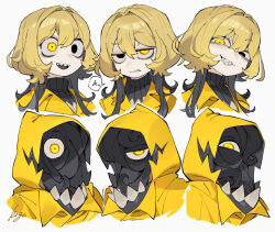 Rule 34 | 1boy, bags under eyes, black eyes, blonde hair, cthulhu mythos, hastur, heterochromia, koroguchi, multicolored hair, multiple expressions, multiple views, one-eyed, original, pale skin, raincoat, sharp teeth, signature, speech bubble, sweater, teeth, tentacles, upper body, white background, wolf cut, yellow eyes, yellow raincoat