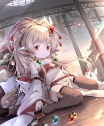 1girl animal_ears bandeau bare_shoulders beads bird black_thighhighs blonde_hair card chicken commentary_request detached_sleeves earrings gem granblue_fantasy hair_beads hair_ornament hand_on_own_stomach harvin highres jewelry khell long_hair looking_at_viewer mahira_(granblue_fantasy) marble_(toy) midriff navel no_shoes pelvic_curtain playing_card ponytail red_eyes sitting solo thighhighs thighs wariza white_sleeves wooden_floor