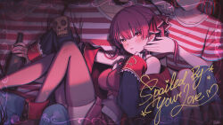 1girl 3boys a-ka bare_shoulders black_coat black_leotard black_thighhighs blush breasts coat commentary_request cropped_jacket english_text heterochromia hololive houshou_marine houshou_marine_(1st_costume) jacket large_breasts leotard long_hair looking_at_viewer miniskirt multiple_boys off_shoulder pleated_skirt red_eyes red_hair red_jacket red_skirt see-through_clothes see-through_leotard skindentation skirt sleeveless sleeveless_jacket solo_focus thighhighs twintails virtual_youtuber yellow_eyes