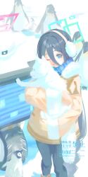 1girl 1other absurdres adversarial_noise animal aris_(blue_archive) aris_(winter)_(blue_archive) artist_name bird black_hair black_pants blue_archive blue_eyes braid brown_jacket dog earmuffs grin hair_between_eyes highres holding holding_animal jacket kei_(amas)_(blue_archive) long_bangs long_hair official_alternate_costume official_alternate_hairstyle one_eye_closed pants penguin robot sidelocks single_braid smile watermark web_address yamaharu_(xxzf7284)