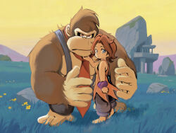 1boy 1girl absurdres baggy_pants barefoot bracelet brown_hair donkey_kong donkey_kong_(series) donkey_kong_bananza glaring gorilla grass hand_on_another&#039;s_face highres jewelry necktie nintendo pants pauline_(mario) pauline_(young)_(mario) red_necktie serious sleeveless standing star_yoshi suspenders