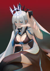 1girl black_bow black_dress black_thighhighs blue_eyes bow braid breasts cleavage clothing_cutout crossed_legs crown dress fate/grand_order fate_(series) grey_hair hair_bow large_breasts long_hair long_sleeves looking_at_viewer morgan_le_fay_(fate) nakaga_eri navel open_mouth outstretched_arm ponytail sidelocks sitting smile solo spikes stomach_cutout thighhighs thighs tiara two-tone_dress very_long_hair white_dress wide_sleeves