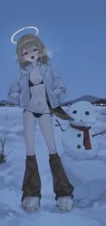 1girl absurdres angel bikini blonde_hair boots breasts choker collarbone commentary fallen_angel full_body halo hands_in_pockets highres jacket leg_warmers long_hair low_wings mansu_(user_pnmp4287) navel open_mouth original outdoors single_wing sky small_breasts snow snowman solo standing swimsuit teeth upper_teeth_only wings winter