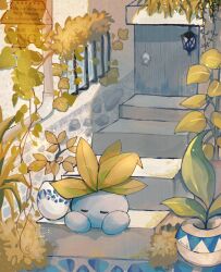 Rule 34 | artist name, closed eyes, door, english text, gen 1 pokemon, highres, leaf, nintendo, no humans, oddish, outdoors, plant, pokemon, pokemon (creature), potted plant, sitting, sitting on stairs, solo, stairs, toro nika, vines, watermark
