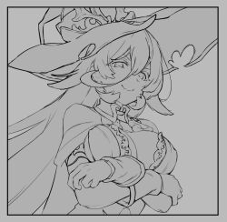 Rule 34 | 1girl, breasts, cape, cleavage, commentary request, fang, hair between eyes, hat, large breasts, lineart, long hair, monochrome, nijisanji, nui sociere, skin fang, smile, solo, tarte (hodarake), torn clothes, torn hat, virtual youtuber, witch hat