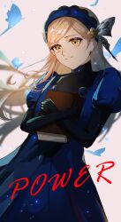 1girl absurdres black_gloves blonde_hair blue_dress blue_hairband book butterfly_hair_ornament commentary_request dress elbow_gloves english_text gloves grey_background hair_ornament hairband highres holding holding_book hugging_object lavenza_(persona_5) long_hair looking_at_viewer persona persona_5 puffy_short_sleeves puffy_sleeves rkaxiang short_sleeves simple_background smile solo swept_bangs yellow_eyes