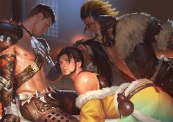 3boys abs armor au_ra bara black_hair black_pants blonde_hair closed_mouth facial_hair final_fantasy final_fantasy_xiv hien_rijin horns hyur japanese_clothes kimono large_pectorals long_hair looking_at_another magnai_oronir male_focus multicolored_hair multiple_boys muscular muscular_male navel nipples paid_reward_available pants pectorals penguin_frontier ponytail short_hair shoulder_armor sitting smile two-tone_hair warrior_of_light_(ff14) yaoi