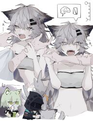 1other 2girls ^^^ absurdres animal_ears arknights bandeau bare_shoulders bite_mark bite_mark_on_arm bite_mark_on_hand breasts chibi cleavage collarbone commentary_request crop_top cup doctor_(arknights) grabbing_another&#039;s_arm green_eyes green_hair grey_bandeau grey_eyes grey_hair hair_between_eyes hair_ornament hairclip highres holding hood hood_up itoh_yamori jitome kal&#039;tsit_(arknights) lappland_(arknights) long_hair medium_breasts mug multiple_girls navel open_mouth scar scar_across_eye scar_on_face sharp_teeth short_hair sound_effects staring strapless teeth tongue tongue_out white_background wolf_ears wolf_girl