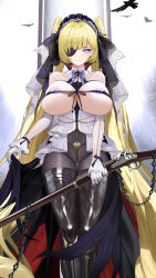 1girl absurdres anna_(echocalypse) artist_request bird black_boots blonde_hair boots breasts bright_pupils chain closed_mouth earrings echocalypse eyepatch gloves gun highres holding holding_gun holding_weapon huge_breasts jewelry key lock long_sleeves mole mole_on_breast mole_under_eye official_art pantyhose popped_collar purple_eyes showgirl_skirt smile solo thigh_boots thigh_gap twintails weapon white_gloves white_pupils