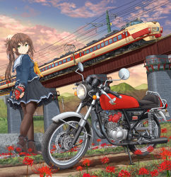 1girl absurdres arms_behind_back black_pantyhose black_skirt blue_shirt boots bridge brown_boots brown_hair bush cloud cloudy_sky dirt_road flower grass green_eyes hair_ribbon headphones highres honda honda_ac15 japan_railways lamppost long_hair long_sleeves looking_back mikeran_(mikelan) motor_vehicle motorcycle mountain multicolored_ribbon multiple_unit_train neckerchief original outdoors pantyhose pleated_skirt ponytail power_lines ribbon road sailor_collar school_uniform serafuku shirt skirt sky solo sony spider_lily standing sunset train utility_pole walkman white_sailor_collar yellow_neckerchief