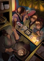 4girls steamed_bun black_hair blue_eyes blue_kimono blush bottle bowl chopsticks eating food hair_ornament hairclip hand_fan highres holding holding_bowl holding_chopsticks ichiren_takushou japanese_clothes kimono kotetsu_(gesogeso) multiple_girls muscular muscular_female night ninja noodles original retsu_(gesogeso) sake_bottle slice_of_life smile tofu zantetsu_(gesogeso)