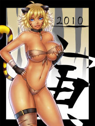 10s 1girl 2010 animal_ears bandeau bare_shoulders bikini blonde_hair blue_eyes breasts cat_ears cat_tail choker cleavage ear_piercing fangs female_focus fingerless_gloves front-tie_top gloves grabbing_another&#039;s_breast groping large_breasts legs momoman_(pink_voltage) navel original piercing short_hair smile solo swimsuit tail tan thigh_strap thighhighs thighs tiger_stripes tiger_tail torn_bikini torn_clothes torn_swimsuit underboob