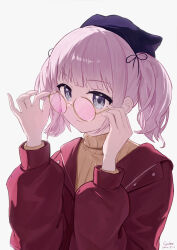 1girl absurdres adjusting_eyewear black_hat closed_mouth commentary cyrilcyclone dated girls_band_cry glasses green_eyes hat highres hina_(girls_band_cry) hood hood_down hooded_jacket jacket long_sleeves looking_at_viewer pink-tinted_eyewear pink_hair red_jacket round_eyewear short_hair short_twintails sidelocks signature simple_background solo tinted_eyewear twintails upper_body white_background