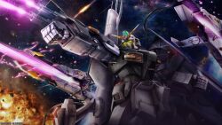 absurdres aiming arm_cannon asteroid battle beam_cannon cable clenched_hands company_name copyright_notice debris double_beam_cannon earth_federation energy energy_beam explosion firing funnels_(gundam) glowing glowing_eyes gundam gundam_nt-x highres machinery mecha mecha_focus mobile_suit nebula no_humans official_art painting_(medium) realistic robot scan science_fiction sd_gundam_g-generation shield solo space sunrise_(company) tenjin_hidetaka traditional_media v-fin weapon yellow_eyes