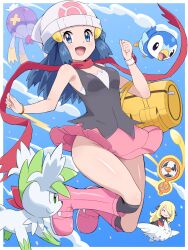 2girls absurdres bag beanie black_coat black_hair blonde_hair blue_eyes blue_hair blush boots breasts closed_eyes closed_mouth coat cynthia_(pokemon) dawn_(pokemon) drifblim duffel_bag floating_scarf fur-trimmed_coat fur-trimmed_sleeves fur_collar fur_trim gen_4_pokemon hair_ornament hair_over_one_eye hairclip hat highres large_breasts legendary_pokemon long_hair long_sleeves looking_at_viewer multiple_girls mythical_pokemon nintendo no_panties open_mouth pink_boots pink_skirt piplup poke_ball_print pokemoa pokemon pokemon_(creature) pokemon_dppt poketch red_scarf rotom rotom_(fan) scarf shaymin shaymin_(sky) shirt skirt sleeveless smile togekiss very_long_hair watch white_hat wristwatch